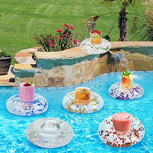 FUTUREPLUSX Inflatable Drink Holder, 12PCS Sparkling Confetti Drink Pool Floats Cup Holder Floats Inflatable Floating Coasters for Pool Party Water Fun Kids Bath Toys Shower