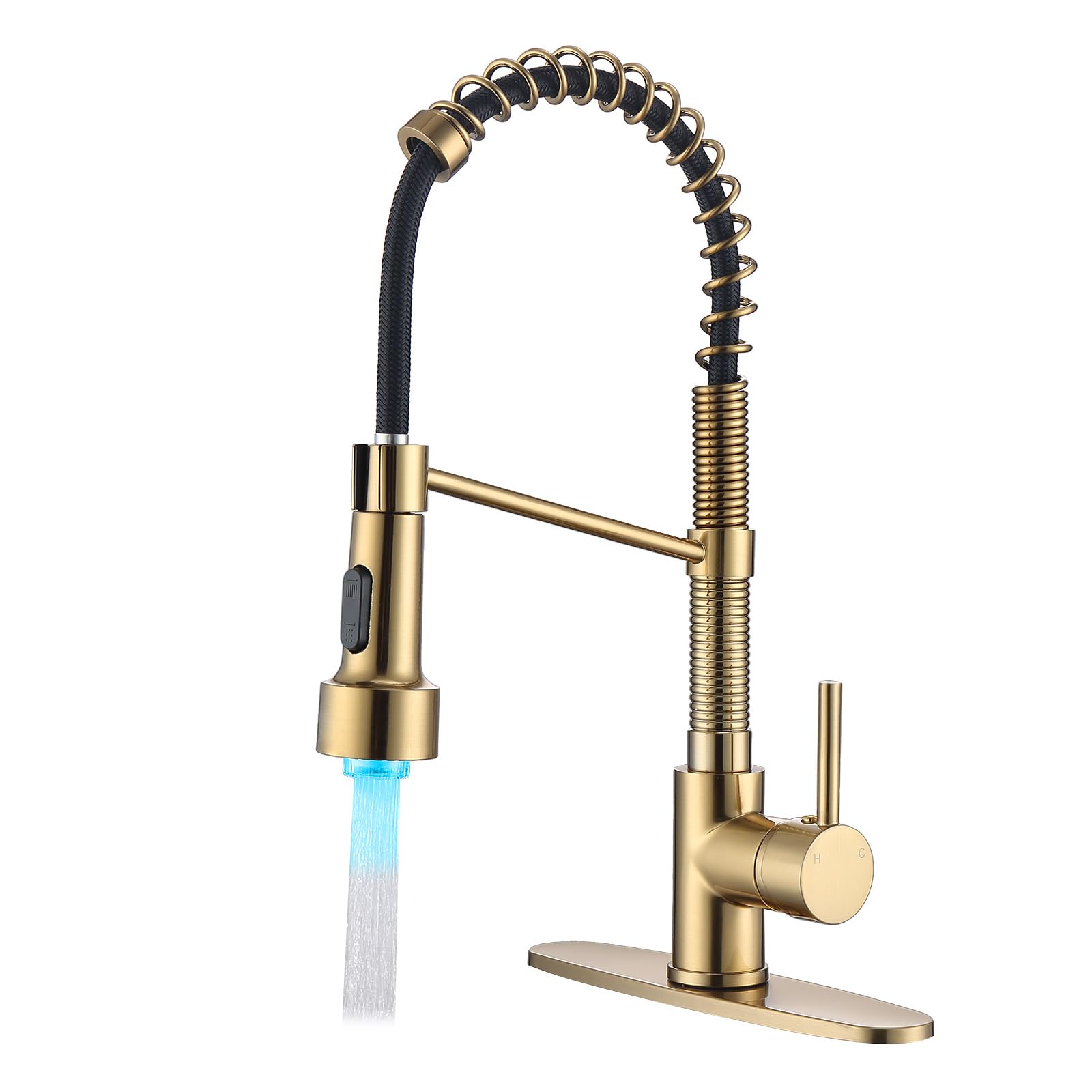 Photo 1 of Kmeino LED Kitchen Faucet with Pull Down Sprayer, Spring Kitchen Faucet Brushed Gold Dual Function Sprayer Lead-Free Solid Brass Kitchen Sink Faucet Champagne Bronze RV Faucet with Deck Plate