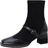 U-lite Women's Elastic Suede Fall Winter Square Toe Shoes, Leather Mid Heel Ankle Boots, Buckle Strap Embellishment Booties