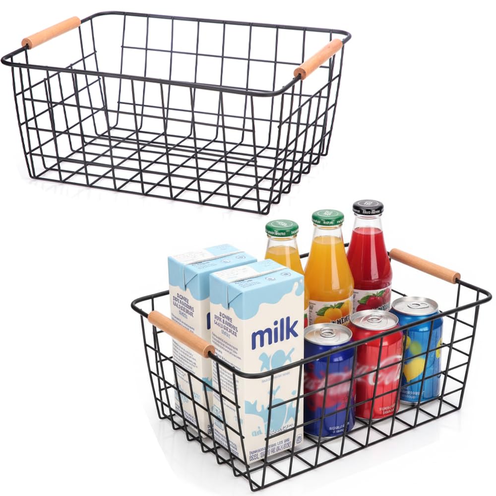 LeleCAT Wire Baskets with Wooden Handles Wire Storage Organizer Bin Baskets, Pantry, Closets, Bedrooms - Set of 2(Black)