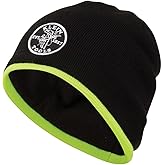 Klein Tools 60391 Knit Beanie, Thermal Fleece Winter Hat, Windproof, Fits under Helmets, Black with High-Visibility Yellow Band Trim