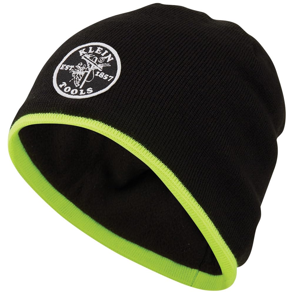 Klein Tools 60391 Knit Beanie, Thermal Fleece Winter Hat, Windproof, Fits under Helmets, Black with High-Visibility Yellow Band Trim