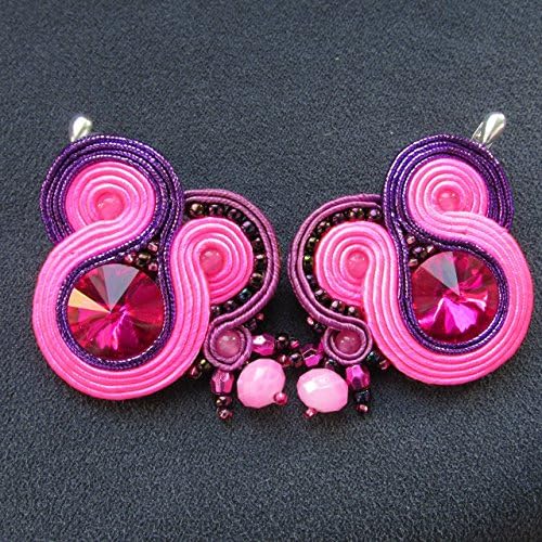 Pink violet purple handmade soutache clip-on stud earrings with rivioli crystals