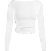 SOFIA'S CHOICE Women Asymmetric Ruched Long Sleeve T Shirt Crop Top Boat Neck Casual Fitted Tee Wihte Medium