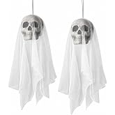 Dusk&Decorum 2 Pack Halloween Hanging Skeleton Skull Decor with Draping Fabric Outdoor Flying Ghost Prop, Spooky Floating Grim Reaper Yard Decorations for Haunted House Display