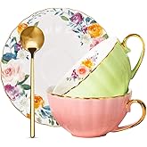 ONEUSTAR Tea Cup and Saucer Set for 2 Bone China English Tea Cup Floral Teacups Coffee Latte Mugs for Mother's Day Women Birthday Party Gifts, 8 Oz