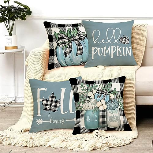 CROWNED BEAUTY Fall Outdoor Decorative Throw Pillow Covers 18 x 18 Inch Set of 4, Plaid Pumpkin Mason Jars Farmhouse Pillowcases for Decoration (Blue) CP056-18