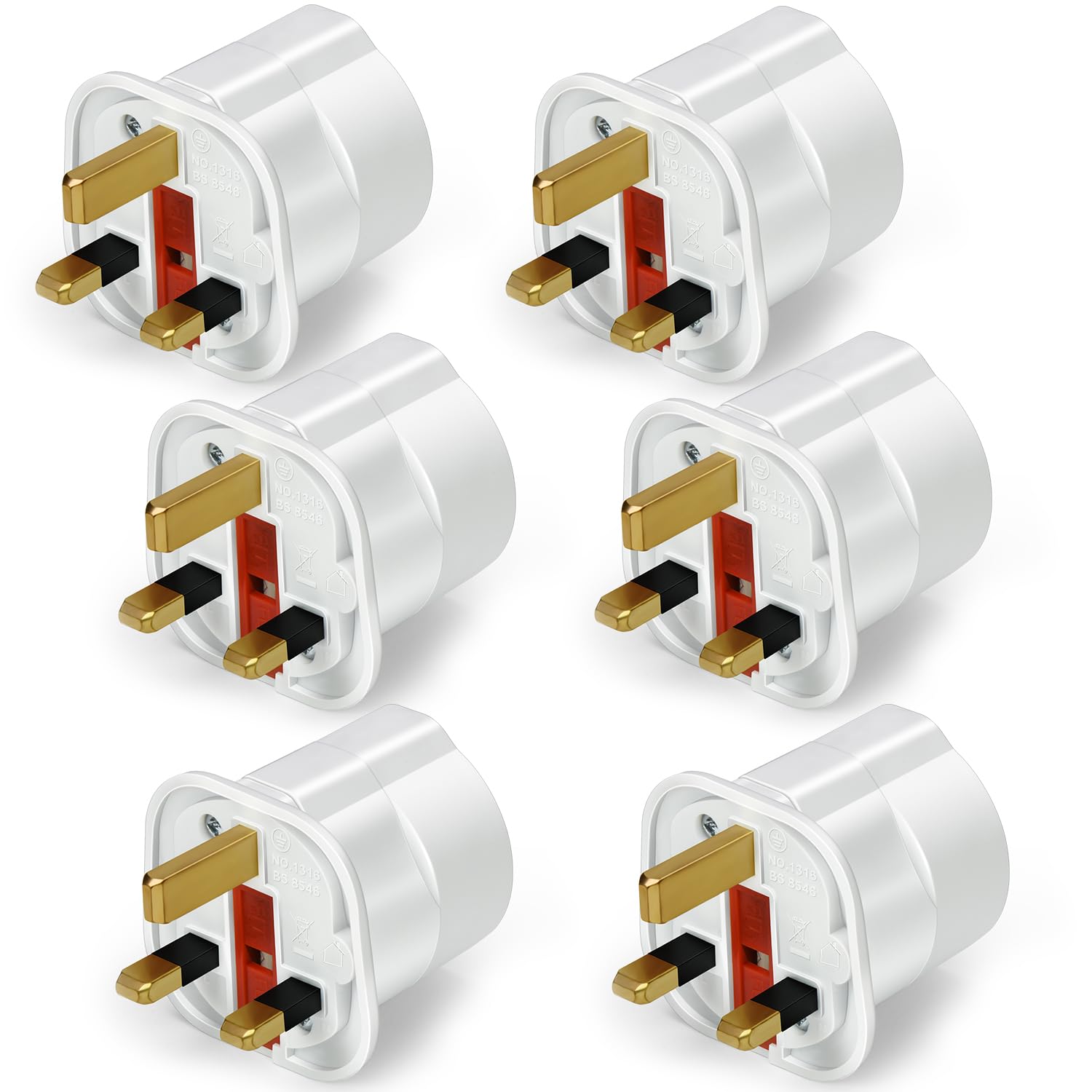 VGUARD European to UK Plug Adapter 6 Pack BS8546 Certified Travel Adapter 2-Pin to 3-Pin, EU Schuko to UK Plug with 13A Fuse for Europe French Spanish German Turkish to UK Socket - White