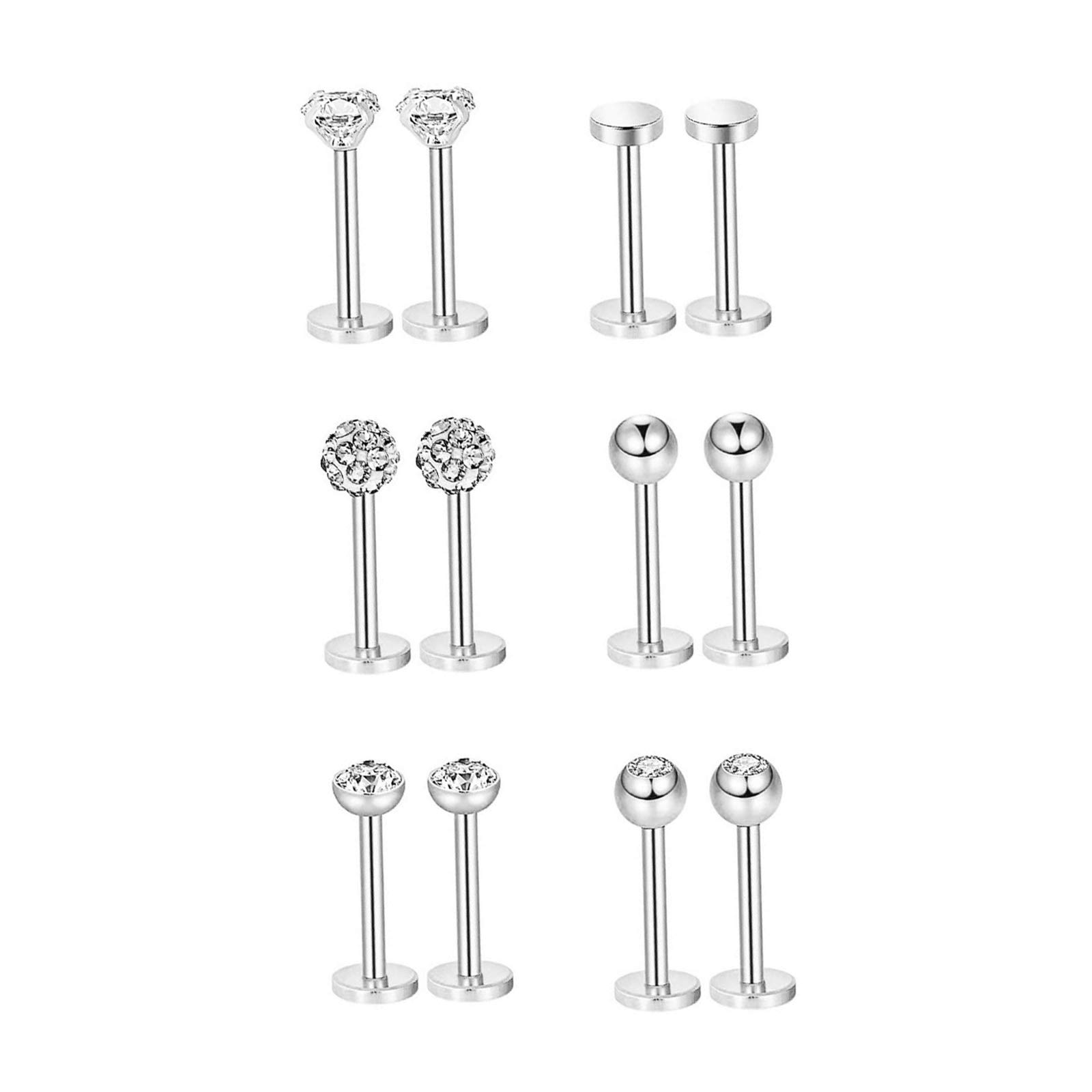 LEEQ 6 Pairs Stainless Steel Nose Studs Tragus Bars Labret Bars Crystal Ball Body Piercing Jewelry, 6 Designs, 16 Gauge