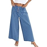 Cicy Bell Womens Wide Leg Jeans Baggy Elastic Waist Button Boyfriend Casual Loose Denim Pants with Pockets Blue