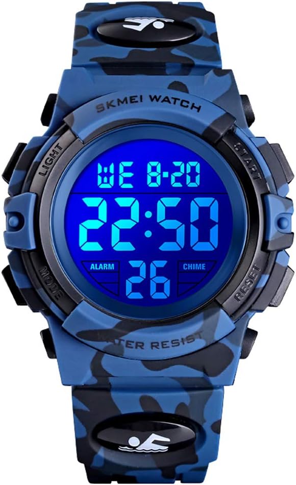 Kids Sports Watch, Boys Camouflage Military Digital Wristwatches Outdoor Waterproof LED 7 Colorful Alarm Stopwatch