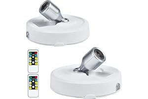 HOFUY 2-Pack LED Spotlight Battery Operated Picture Lights, Puck Lights with 2 Remote, Dimmable Stick Spot Lights with Timmer for Wall Display Painting Dartboard Artwork Accent Closet