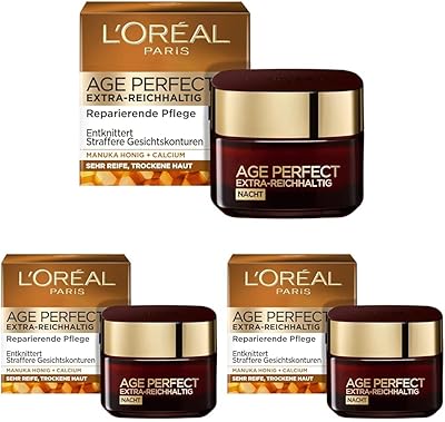 L'Oréal Paris Nachtpflege, Age Perfect Extra-Reichhaltig, Anti-Aging Gesichtspflege, Entknittern und Straffen, Für sehr reife und trockene Haut, Mit Manuka Honig und Calcium, 50ml (Packung mit 3)