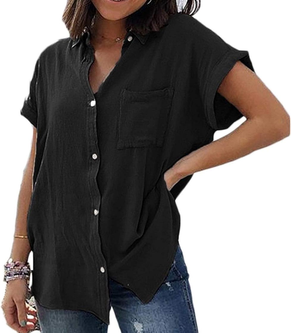 Women's Summer Button Down Shirts Pocket Cap Sleeve Blouse Loose Tops