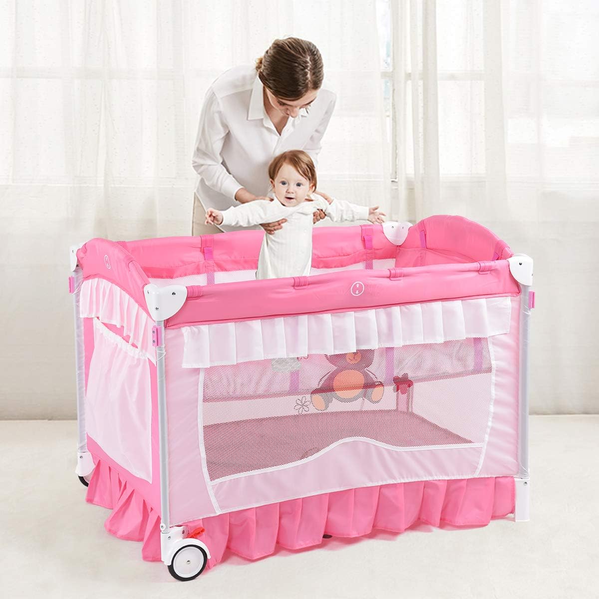 Table A Langer Roues Avec Frein Goplus Lit Parapluie Bebe Avec Moustiquaire Legere Boite A Musique Rose Sac Sur Cote Jouets Fonction 3 En 1 Pour Bebe 0 A 36 Mois Lits