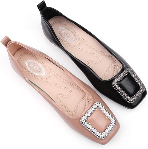 Amazon Date U スクエアトゥ パンプス レディース コンフォートシューズ ラインストーン オシャレ フラット ヒールなし 美脚 ローカット 春 夏 軽量 通気性 低反発 歩きやすい ビジネス 通勤 カジュアル 黒色 ピンク Date U ローファー スリッポン