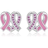 925 Sterling Silver Pink Ribbon Breast Cancer Awareness Stud Earrings Inspirational Gift for Women