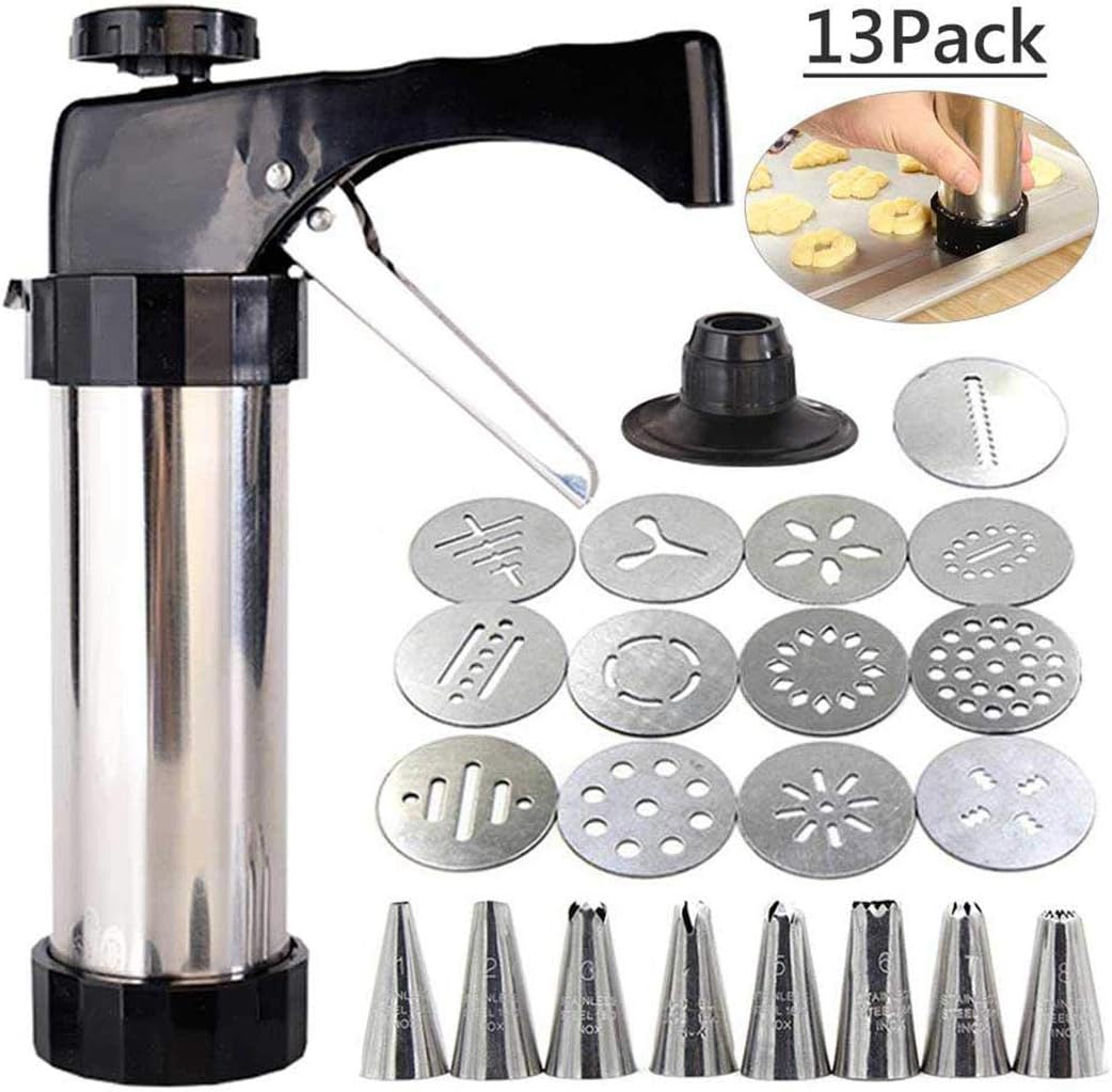 Cookie Press Gun, TEEPAO 13 Stainless Steel Disc Shapes Spritz Cookie Maker Kits And 8 Piping - Versatile, Reusable, For Christmas Party/Birthday Celebration/Anniversary Biscuit Decoration
