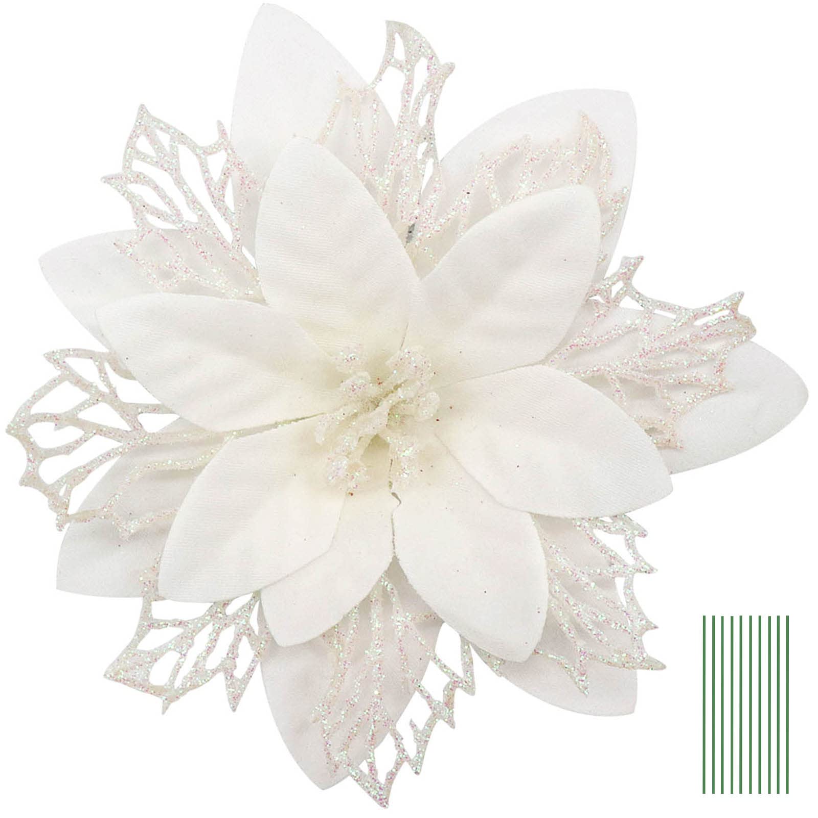 Yueshop 10PCS Artificial Flowers Christmas Glitter Artificial Three Layer Floral Accessories for Christmas Tree Ornaments Xmas Garland Wreath DIY Decorations (White)