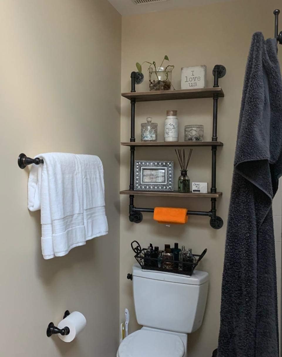 Industrial Pipe Shelf,Rustic Wall Shelf with Towel Bar,24" Towel Racks for Bathroom,3 Tiered Pipe Shelves Wood Shelf Shelving …: Kitchen & Dining