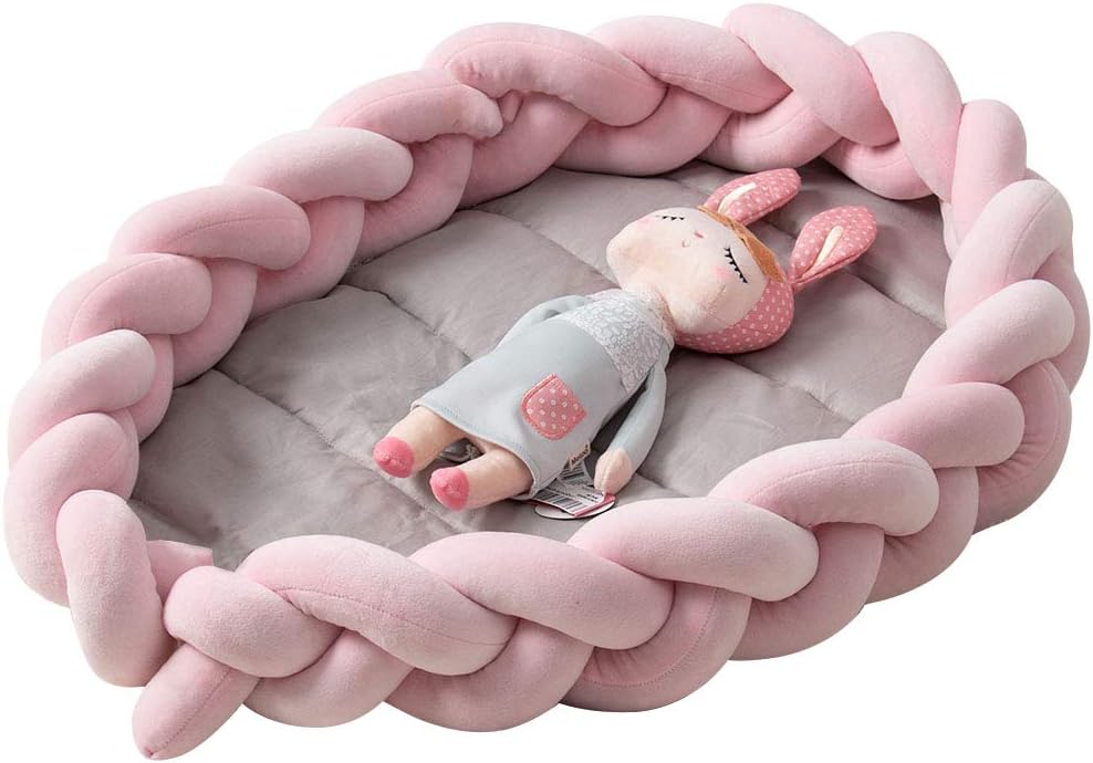Baby Nest Portable Super Soft Newborn Lounger with Removable Braided Crib Bumper (Pink)