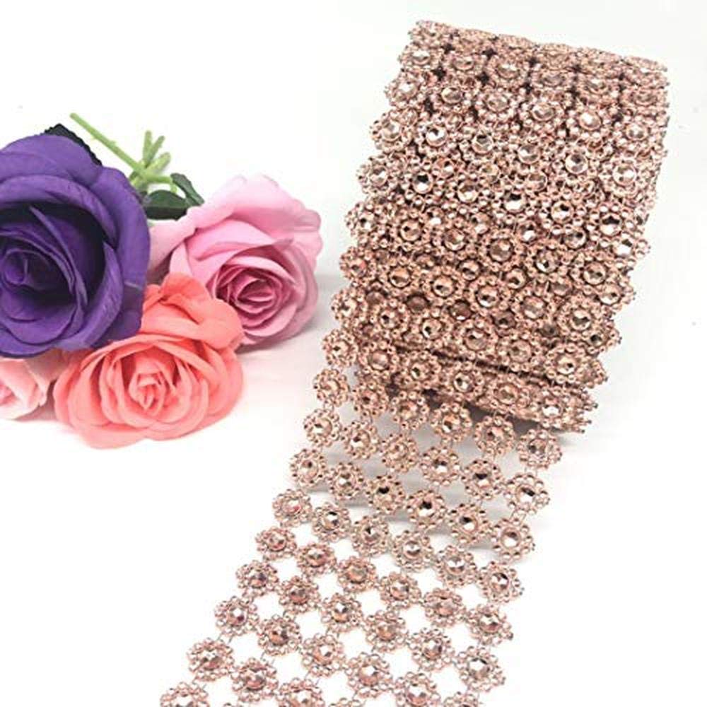 Bestenrose Rhinestone Flower Diamond Mesh Wrap Roll Faux Crystal Rhinestone Ribbon for Wedding Birthday Decorations Arts Crafts 6 Rows 10 Yard/Roll (Rose Gold)