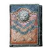 Texas West Men's Concho Cross Trifold Wallet in Ostrich Brown and Black (Brown)