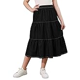 GORLYA Girls Denim Long Skirts Trendy Casual Tiered Ruffle Hem Elastic Waist A-Line Jean Skirts with Pockets 6-14 Years