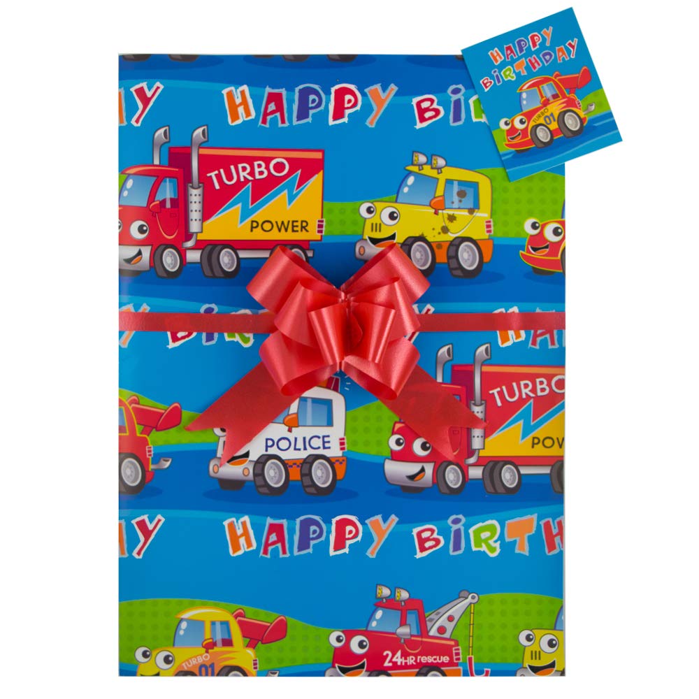 Trucks, Happy Birthday, Gift Wrap Pack, 2 Sheets, 2 Tags and 2 Red Pull Bows, Arrives in an A4 Boarded Envelope for Protection, Childrens Gifts, Boy's Gift Wrap, Birthday Present,