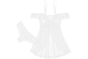 Avidlove Sexy Cut Out Off Shoulder Sheer Mesh Lace Wireless Babydoll Lingerie Dress with Thong 2 Piece Lingerie Outfit