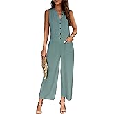 WKQSCNLR Women Wide Leg One Piece Jumpsuit Sleeveless Loose Baggy Dressy Button Down Romper Casual Summer Outfits with Pocket