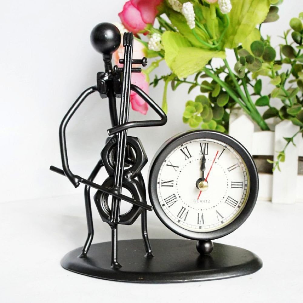 HZM Creative Hand Made Crafts Retro Style Desk Clock Metal Modern Home Office Decoration Tabletop Display Ornament(Cello)