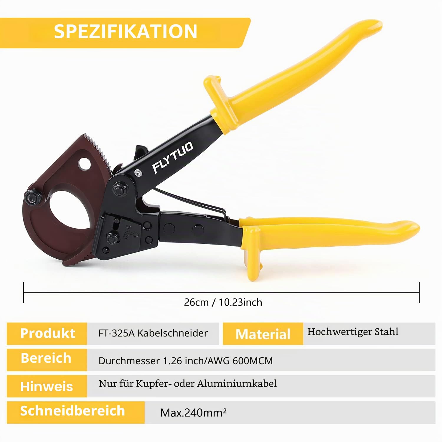 Flytuo FT-325 Ratschenkabelschneider Schwerlast-Werkzeug für Aluminium, Kupfer und elektrische Kabel bis zu 240mm² 2