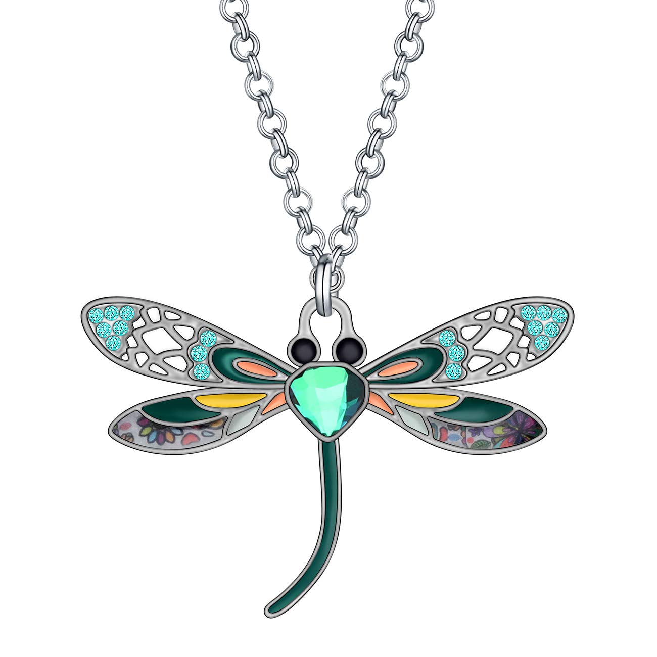 BONSNY Statement Enamel Rhinestone Dragonfly Necklaces Pendant Original Design Gifts for Women Nature lover Jewelry (Green)
