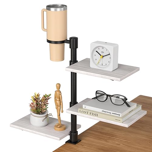 PawsWhirl 3-Tier Clamp On Desk Shelf with Cup Holder, Rotatable Height Adjustable Over or Under Desk Storage Shelves, Heavy Duty Desktop Organizer Holds 33 lbs for Office Dorm Room Gaming Kitchen
