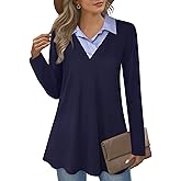 Women's Long Sleeve Contrast Collar Shirt A-line Pleated Office Tunic