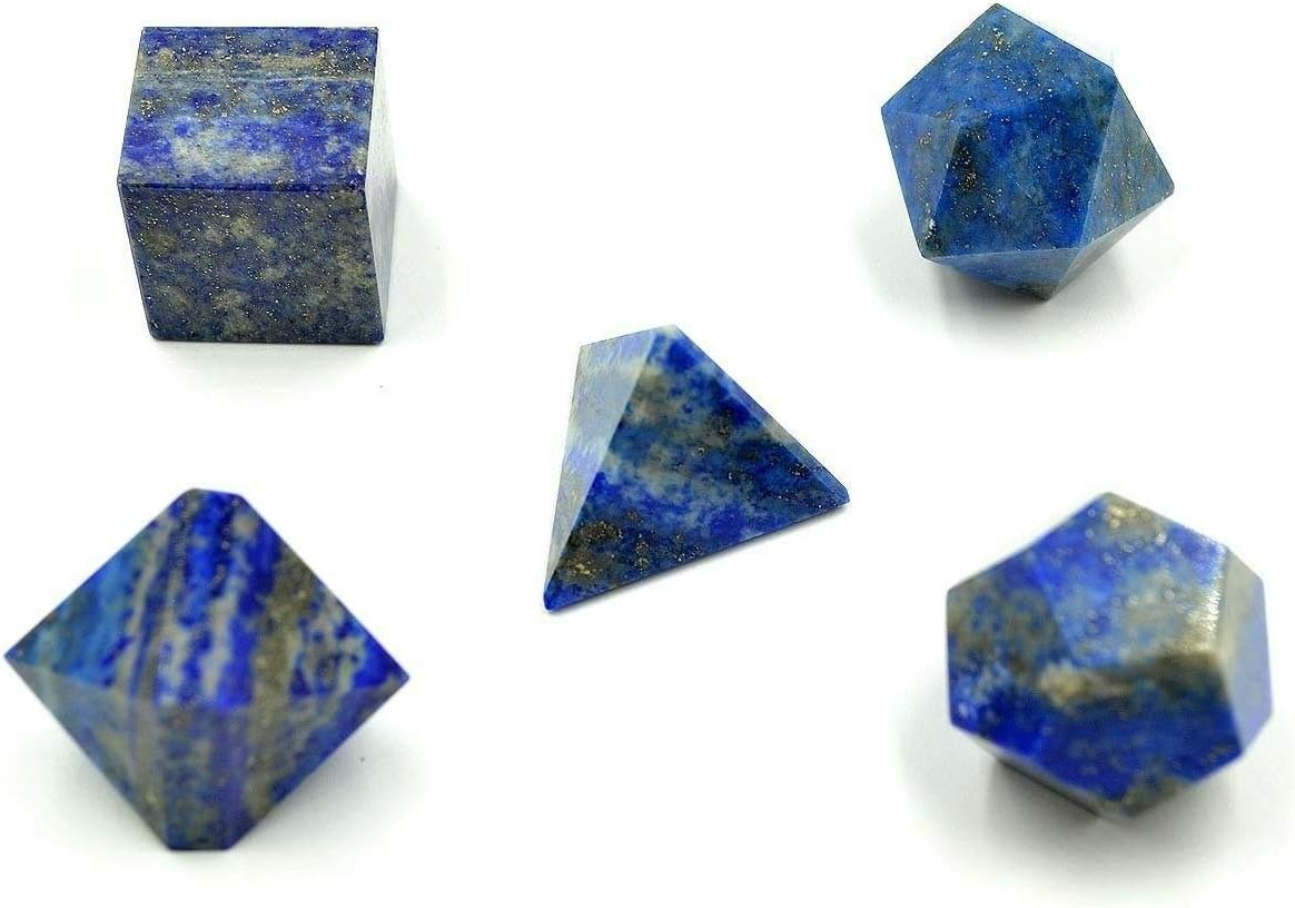 'Shanti by Mira' Merkaba Star Tumble Stone Set of Seven - Reiki Set of 4 - Healing Energy Charged Chakra Genuine Gemstone Engraved Crystals (5pc Platonic Solids Set - Lapis Lazuli)