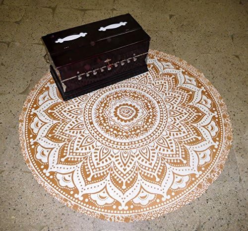 Gold Mandala Ombre Yoga Beach Towel Mandala Round Table Cover Beach Throw Tapestry Hippie Gypsy Cotton Tablecloth Round Yoga Mat, 50 Inch 100% Pure Cotton Screen Print Yoga Mat By "Gemsandcraft"