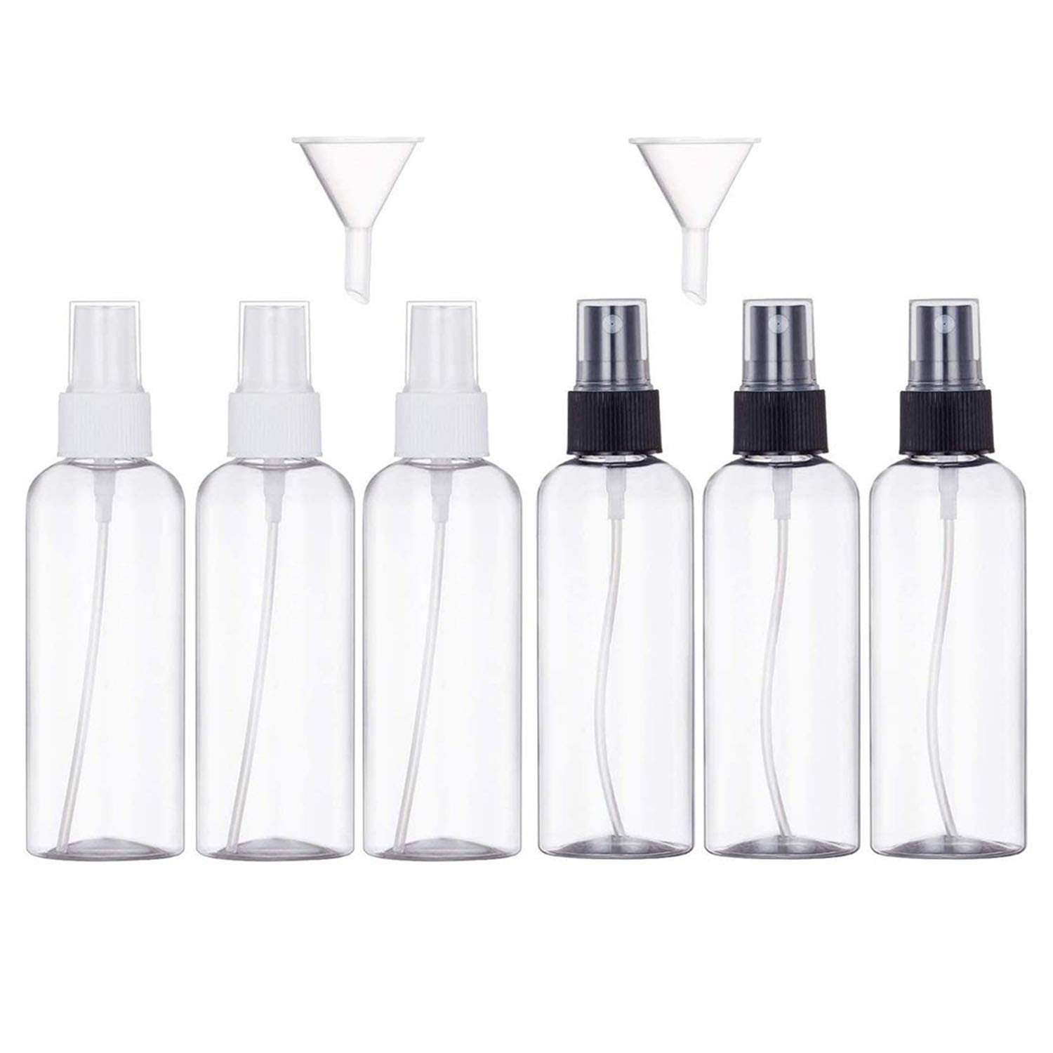 JamHooDirect 6Pcs, 100ml Spray Bottle Empty Plastic Fine Mist Travel Atomiser Set with 2 Funnels - Clear Refillable & Reusable Travel Size Bottle Toiletries Liquid Containers for Cosmetic Make-up
