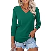 TICTICMISS Women's 3/4 Length Sleeve Tops with Buttons V Neck T Shirts Business Casual Blouses Loose Fit Summer Tunic Clothes
