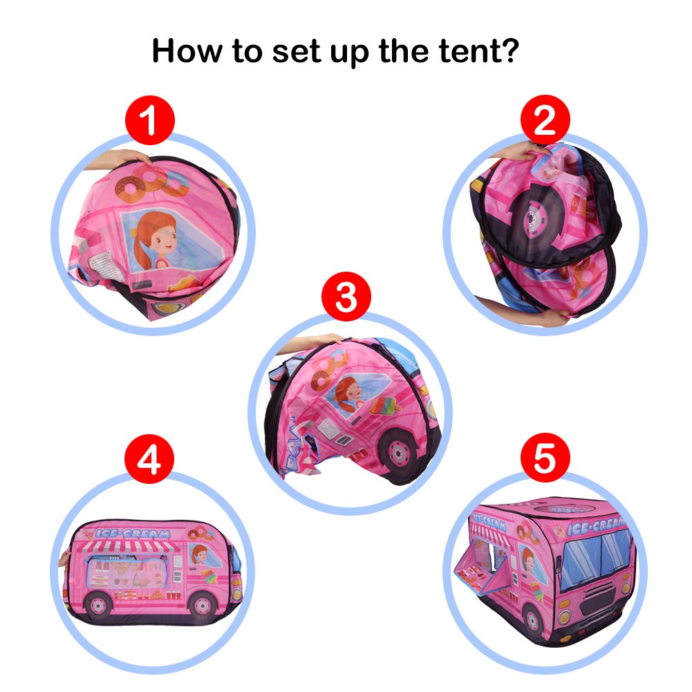 Nuheby Tente Enfant Tente Maison Exterieur Intérieur Jeu de Plein Air et Sport Tente Pliante Facile avec Sac de Rangement Portable Bonbons à la Crème Glacée Véhicule Playhouse Enfant 3 4 5 6 7 Ans