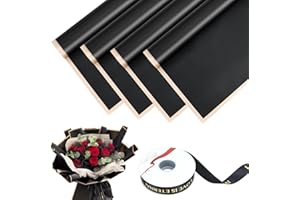 Fansunta 20 Sheets Flower Wrapping Paper with Ribbon, Plastic Waterproof Bouquet Packaging Paper, Florist Bouquet Wrapping Paper (Black)