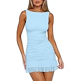 HOCILLE Women's Sexy Bodycon Boat Neck Mini Dresses Sleeveless Ruched Ruffle Hem Club Party Short Dress