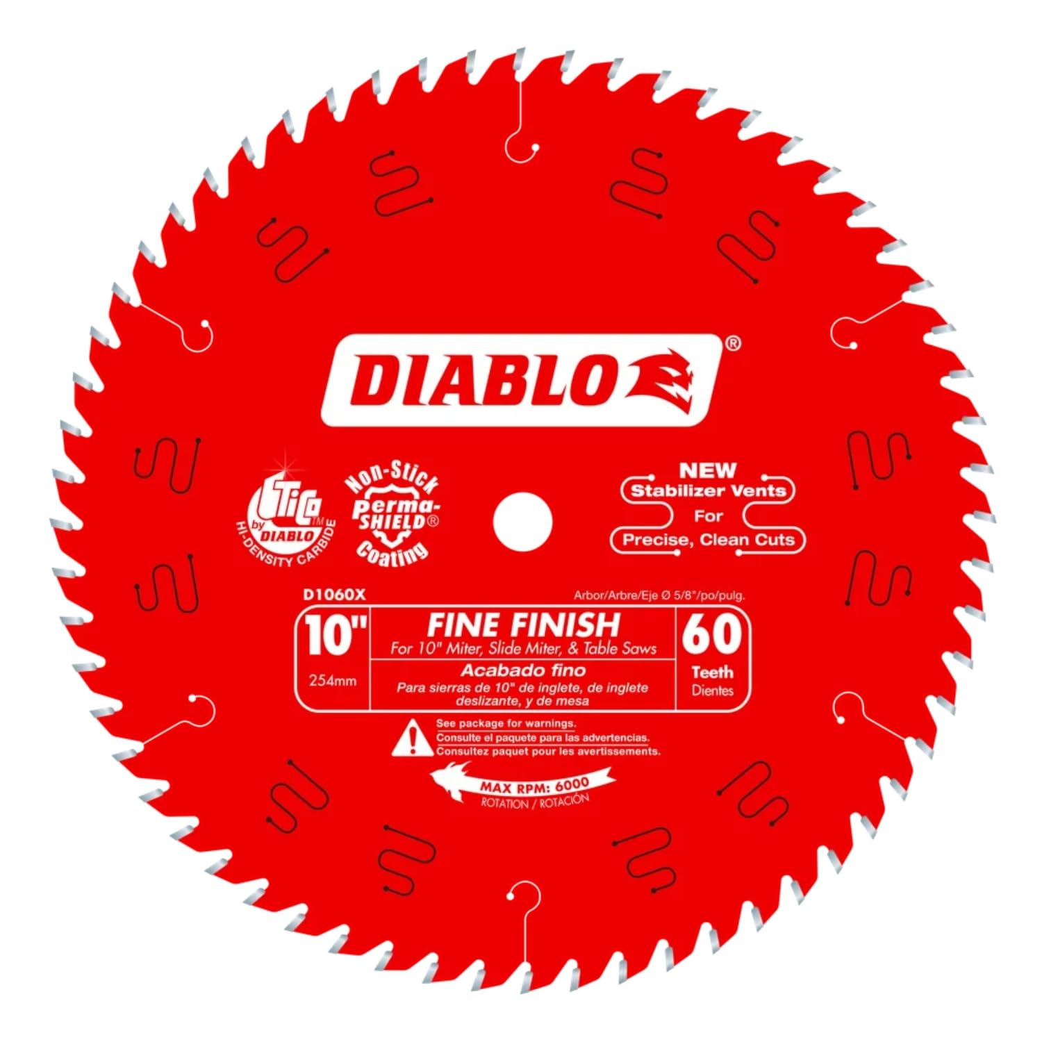 Diablo Hoja de sierra de acabado fino para madera - Cortes ultrasuaves, 60 dientes Hi-ATB, 10 de diámetro, corte de 0,098, eje de 5/8 - D1060X
