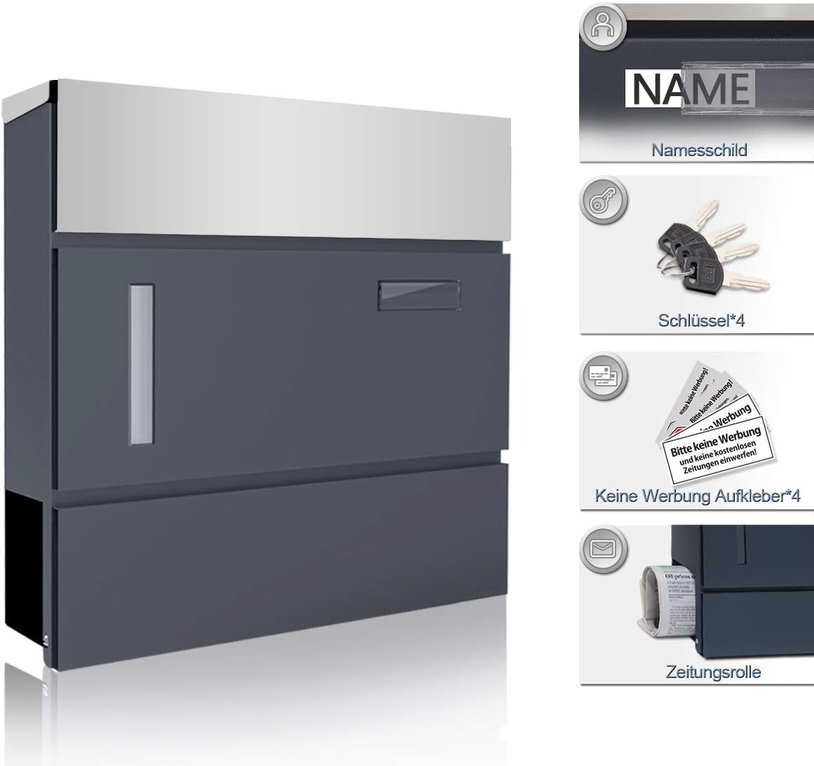 Grandekor Edelstahl Briefkasten mit Zeitungsrolle Rostfreier Wandbriefkasten A4 Einwurf-Format Lackiert Postkasten inkl. 4 Schlüssel Namensschild Stichfenster Silber & Anthrazit 370mm x 105mm x 365mm