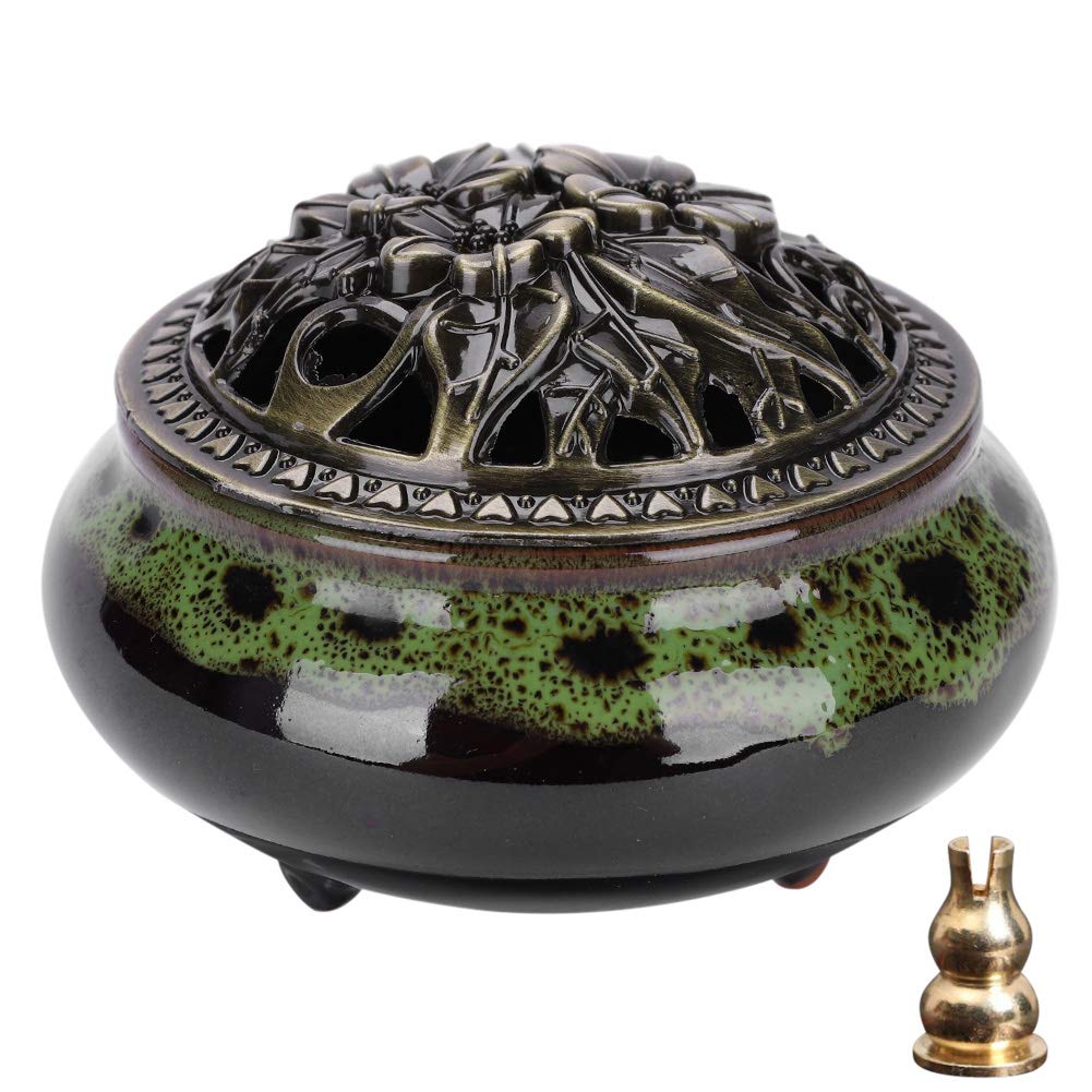 Qchomee Porcelain Incense Holder Burner Ceramic Ash Catcher Tray Bowl for Cone Stick Coil Incense Holder Burner Home Spa Yoga Decor,Free Brass Calabash Holder