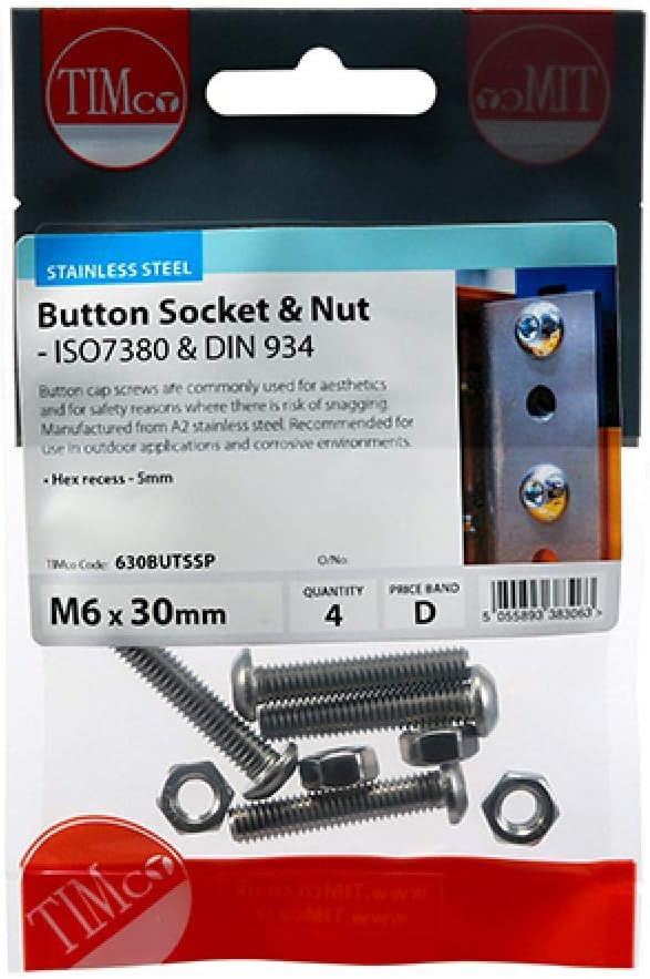 TIMCO Button Socket Screws ISO7380 A2 Stainless Steel - M6 x 30, M6 x 30mm
