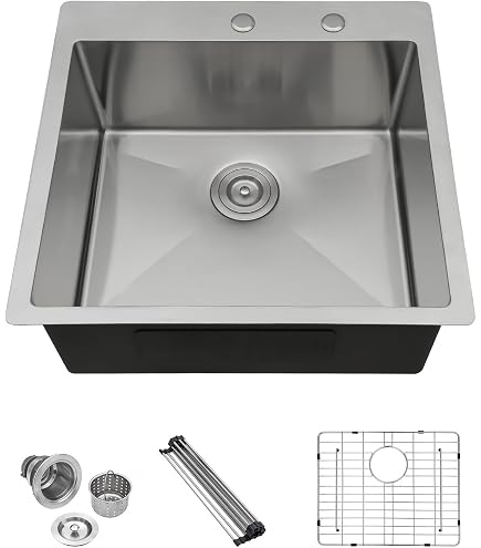 Luckyhorse Küchenspüle, 63,5 X 55,9 Cm, Nano-Schwarz, Edelstahl 16 Gauge – Topmount Mit Abtropfgestell