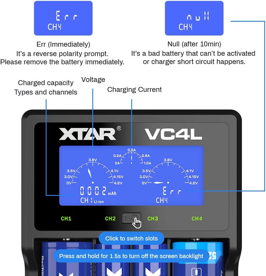 XTAR VC4H 18650 Battery Charger 4 Bays Universal With LCD Display USB for Li-ion 3.7V 16340 18350 20700 21700 26650 1.2V NI-MH NI-CD AAA AA - Image 4
