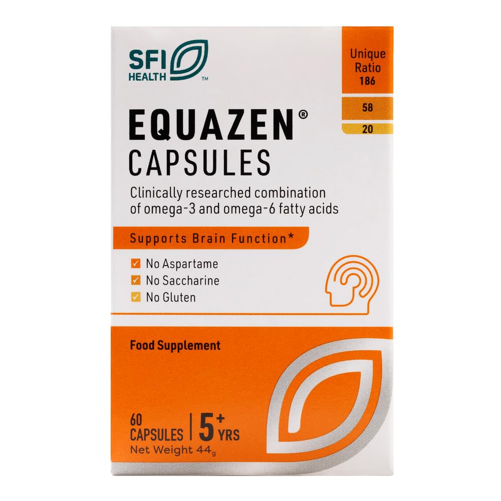 Equazen® Omega 3 & 6 Capsules, Brain & Cognitive Support, DHA, EPA & GLA, Clinically Researched 9:3:1 Formula, Tasteless & Odourless, Halal Certified, Gluten Free, 60 Pack